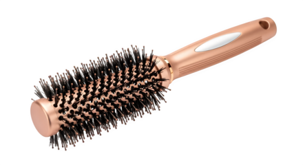 Rose gold hairbrush gleams against black, product style. Great for beauty blogs, product photography, social media posts, or hair care branding.