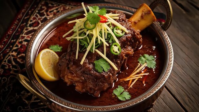 Traditional pakistani nihari a slow-cooked beef stew with a rich gravy and fresh garnishes