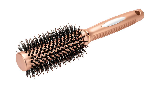 Rose gold hairbrush gleams against black, product style. Great for beauty blogs, product photography, social media posts, or hair care branding.