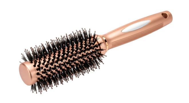 Rose gold hairbrush gleams against black, product style. Great for beauty blogs, product photography, social media posts, or hair care branding.