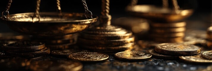 Golden scales of justice alongside coins illustrating the balance of wealth and fairness in society