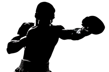 Powerful boxer in dramatic silhouette, mid-punch, embodying strength, focus, and the intense spirit of combat sports competition and athletic training