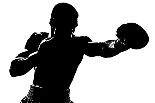Powerful boxer in dramatic silhouette, mid-punch, embodying strength, focus, and the intense spirit of combat sports competition and athletic training