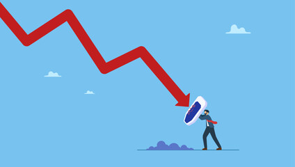Businessman investor holding shield to protect from red arrow. Fight with inflation or economic recession, protect wealth from crisis or bear market loss, insurance or safety for interest rate hike.