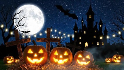 halloween night scene with pumpkins  - Powered by Adobe