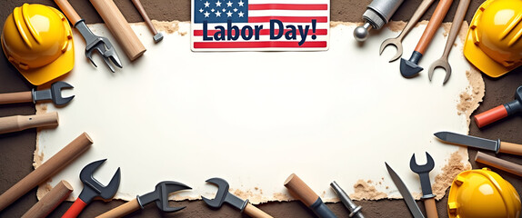 Photo Realistic Construction Site Tools Border with Labor Day Salute - Celebrate Workers' Dedication with Customizable Frame