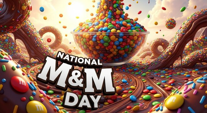 Vibrant National M&M Day celebration scene with colorful candy landscape design