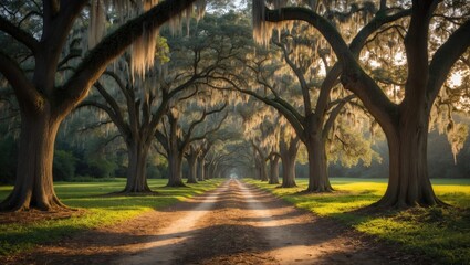 Obraz premium A pathway through a grove of large trees with sprawling branches and moss hanging, illuminated by warm sunlight. Nature and forest scene, peaceful environment, scenic landscape.
