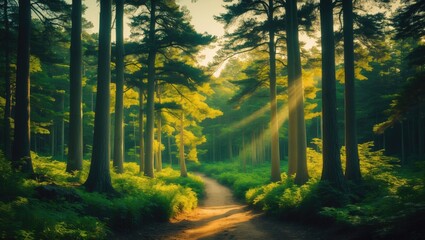 Obraz premium Woodland forest scene with sunlight streaming through trees and a winding path. Nature and outdoor scenery. Tranquility and serenity of the forest environment.
