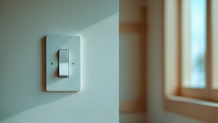 A light switch on a wall with natural light coming through a window. Home automation and electrical control. Interior design and comfort. The concept of lighting and smart home technology
