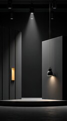 Empty, dark stage area with spotlights and a hanging lamp, showcasing a modern, minimalist design.