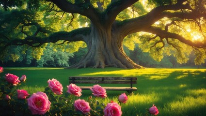 A large tree with sprawling branches in a park, illuminated by sunlight, with pink roses in the foreground and a bench beneath the tree.