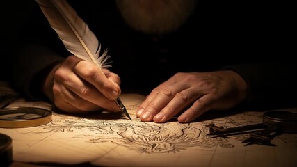 Cartographer drawing a vintage fantasy map with a quill pen by candlelight