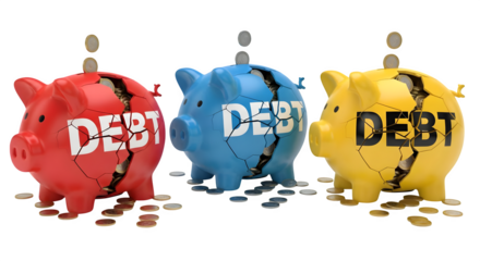 Debt concept. Red, blue, and yellow cracked piggy banks with coins. Financial illustration for business, social media, product photography.