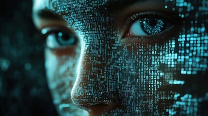 Highly detailed close-up of a human eye with digital data and binary code overlay symbolizing technology data analysis and cyber security concepts