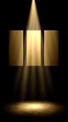 Three golden spotlights illuminate a dark stage, highlighting empty display panels.