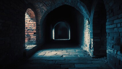 Fototapeta premium Underground brick tunnel with arched ceilings and dim lighting. Old structure and dark passageway. Architecture and subterranean design.