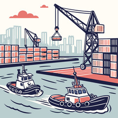 Cargo Port Cityscape with Tugboats and Cranes