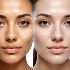 Hyperpigmentation of female skin, close-up of a part of the face on a white background, before and after acid peeling and cosmetic therapy, dermatology, skin care