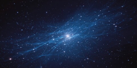 Obraz premium A mesmerizing display of interconnected luminous lines and shimmering particles against a deep blue cosmic backdrop, emanating from a central radiant point.