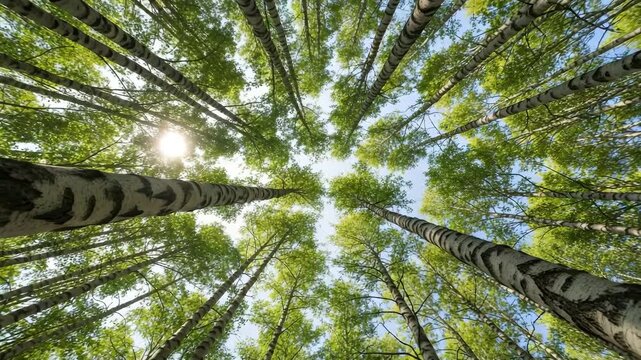 Looking up at birch trees with green leaves and sun shining through branches - Powered by Adobe