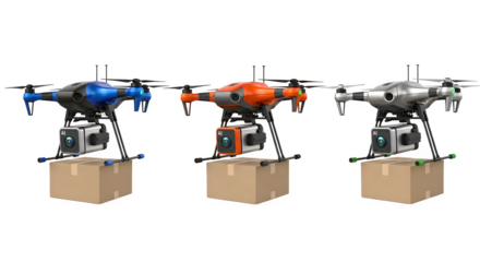 Three drones in blue, orange, silver carry boxes. Clean style for product photography, advertising, social media, digital banner, or commercial design.