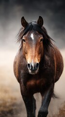 Majestic horse galloping in a misty field during early morning light