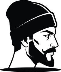 Vector illustration of a bearded man in profile wearing a beanie hat, strong masculine face logo or avatar design.