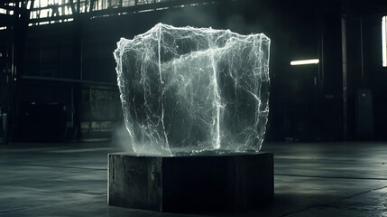 Glowing Cube Encased in Crystalline Structure within an Industrial Setting