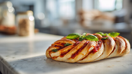 Close-up of rustic twisted pizza filled with tomato sauce and topped with basil leaves, on a light marble surface.