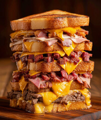 Massive stacked sandwich with layers of grilled meats and melted cheddar cheese between thick toasted bread slices.