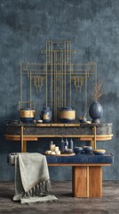 A stylish, modern interior scene showcases a dark-toned vanity with decorative accents, a luxurious grey throw, and sophisticated gold-framed architectural detailing.