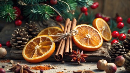 Dried orange slices, cinnamon sticks, and star anise arranged on a rustic wooden surface with Christmas pine, holly, and pine cones.
