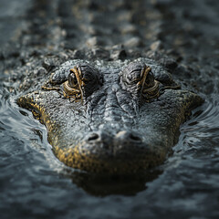 Obraz premium Close-Up of Crocodilian – Fierce Alligator or Caiman with Piercing Stare in Water, Intense Predator Portrait – Crocodile Eyes Emerging Above Dark Water Surface