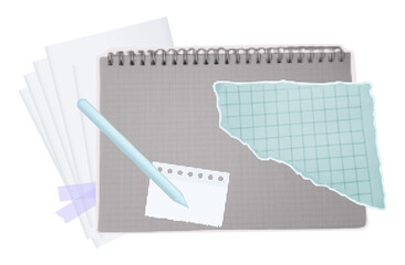 Notebook with blank page and ballpoint pen. Learning, knowledge, writing down new ideas. Blank sheet in notebook, school exam, torn paper piece of bookmark. Contemporary collage, halftone vector.