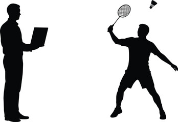 Silhouettes of man using laptop and man playing badminton representing technology, business work, outdoor sports, activity, and lifestyle balance.