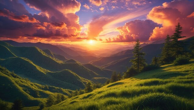 Sunset over rolling green mountains with trees, vibrant clouds and colorful sky, scenic landscape, nature, and daylight.