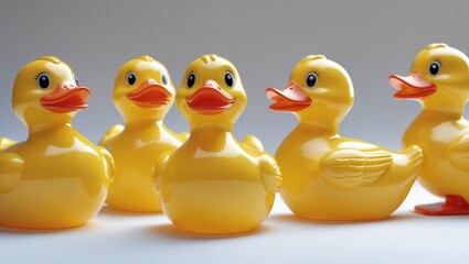 Group of yellow rubber ducks with varying poses facing the same direction