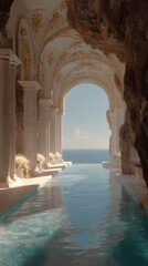 An architectural fantasy scene of an open cloister terrace carved from the cliff above the sea, blending monumental design with breathtaking views.