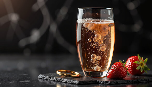 Sparkling drink with strawberries and a wedding ring on slate  