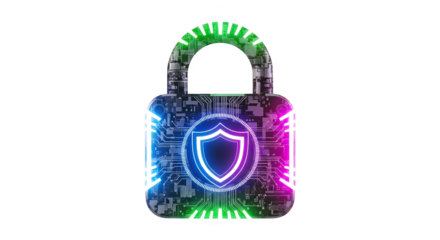 Cyberpunk lock glows with neon highlights against black. Great for tech security themes, UI design, or innovative branding.