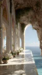 An architectural fantasy scene of an open cloister terrace carved from the cliff above the sea, blending monumental design with breathtaking views.