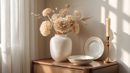 A vase with dried flowers, plates, and a candle on a wooden sideboard near a window with light streaming in. Classic and elegant home decor setup.