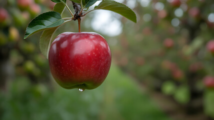 A single, ripe red apple hangs from a branch in an orchard.