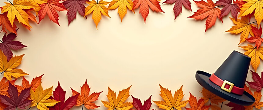 Pilgrim hat and autumn leaves border frame with Thanksgiving copy space concept as Classic pilgrim hat and falling autumn leaves framing space for Thanksgiving messages in  Photo Stock  Concept  and e