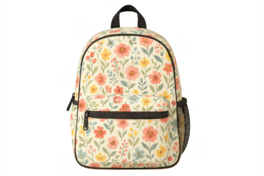 Stylish floral backpack isolated on transparent background