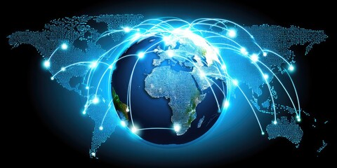 A global network of interconnected data streams surrounds a detailed digital representation of the Earth.