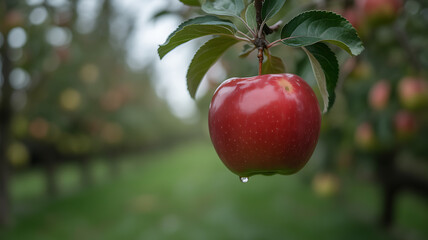 A single, ripe red apple hangs from a branch in an orchard.