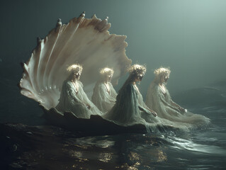 A fantasy artwork of sirens in the sea, sitting gracefully inside a giant shell surrounded by glowing pearls in a serene mood.