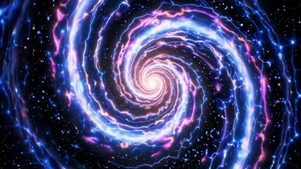 Spiral galaxy spins to bright core. Colorful nebula forms vortex of gas. Starfield and star orbit in swirl. Cosmos adds depth and scale. Imagery suggests wormhole. Glow and spark fill deep space. - Powered by Adobe
